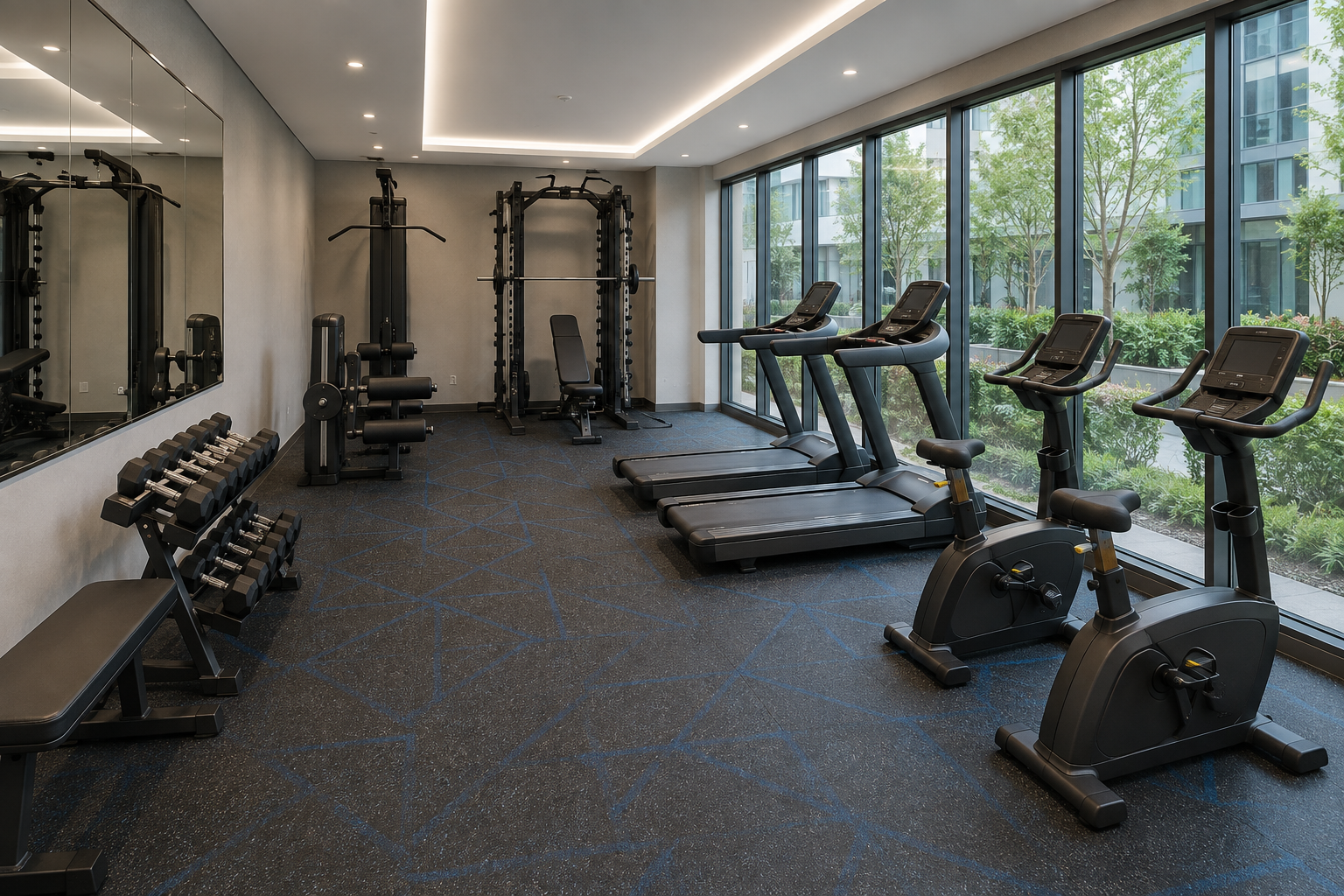 Proyecto de gimnasio moderno con máquinas y ventanales